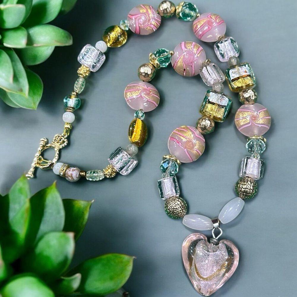 Rare One of a Kind Handmade Necklace w/ Graffiti & Gold Murano Glass Beads 18kGP